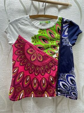 Desigual T-Shirt Girls 9/10 Multicolor Excellent Patchwork Sequin Boho Top